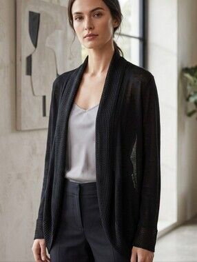 Source Unknown Black Open-Front Women’s Cardigan with Textured Trim